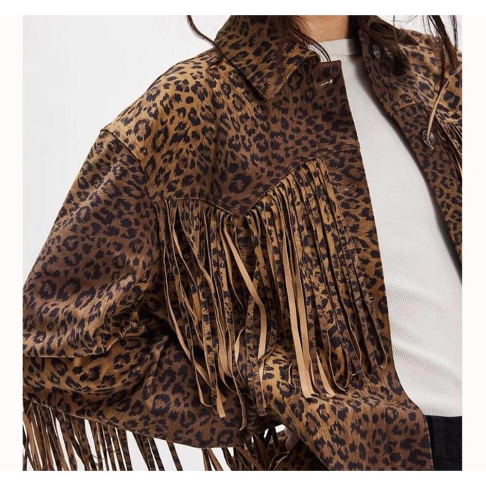 NWT Free People We the Free Leopard Print Fringe Vegan Suede Shirt Jacket L - Picture 7 of 7